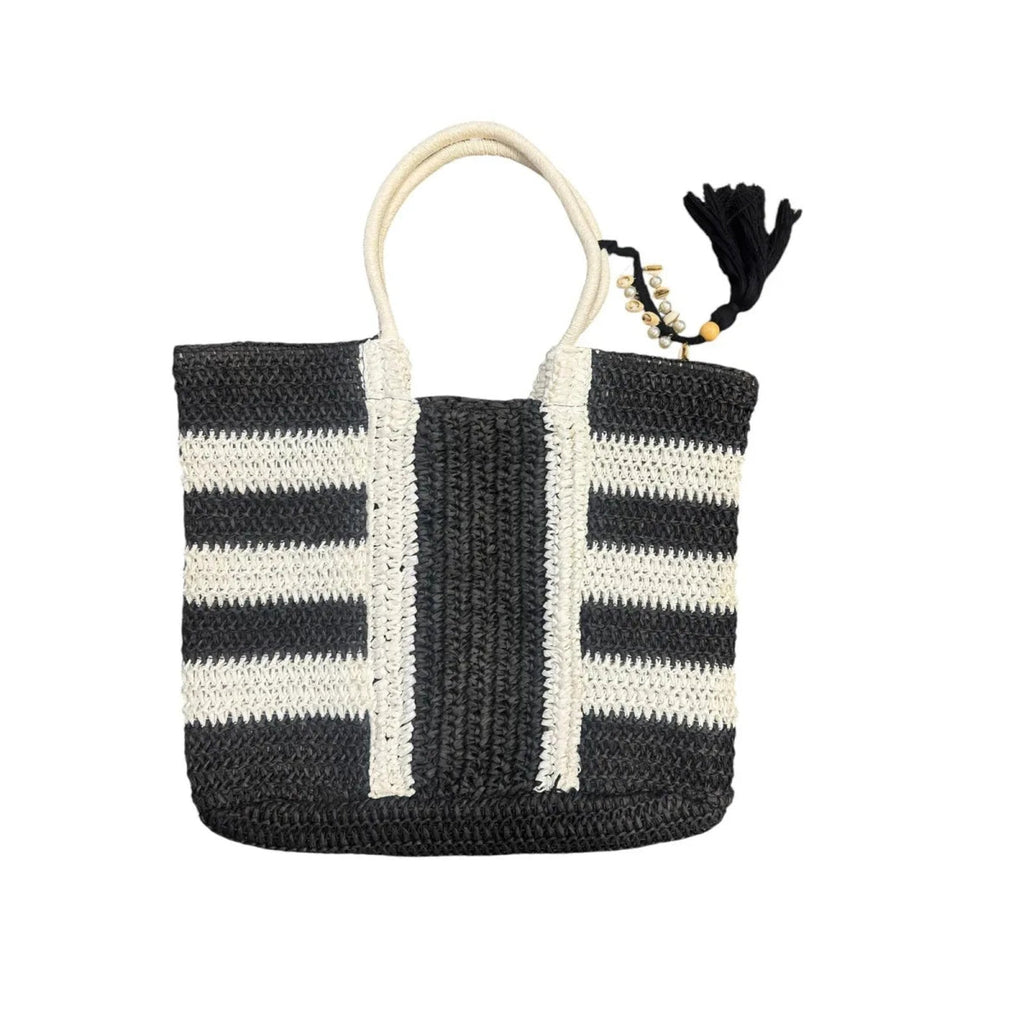 Escape Striped Woven Straw Tote Bag Black White