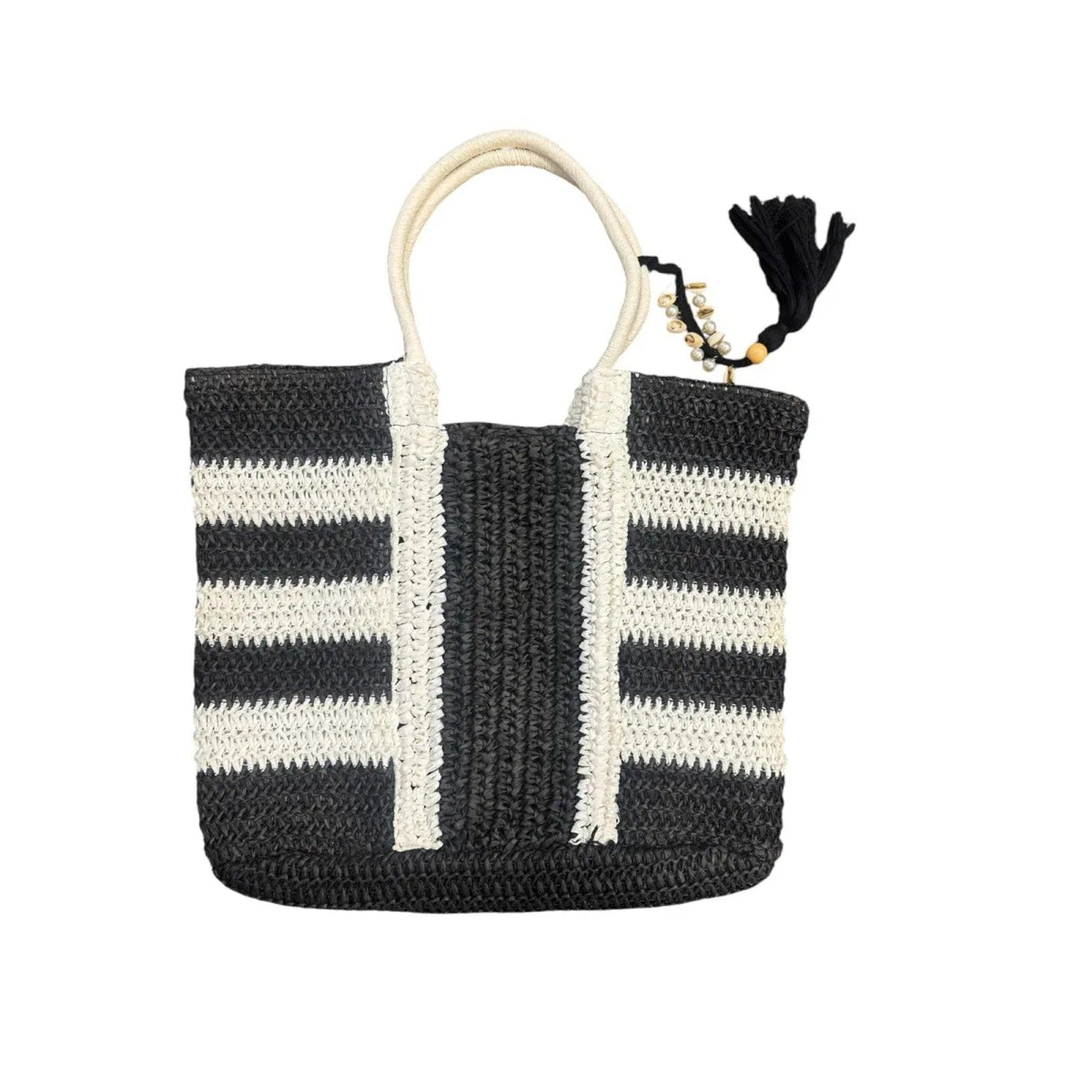 Escape Striped Woven Straw Tote Bag Black White
