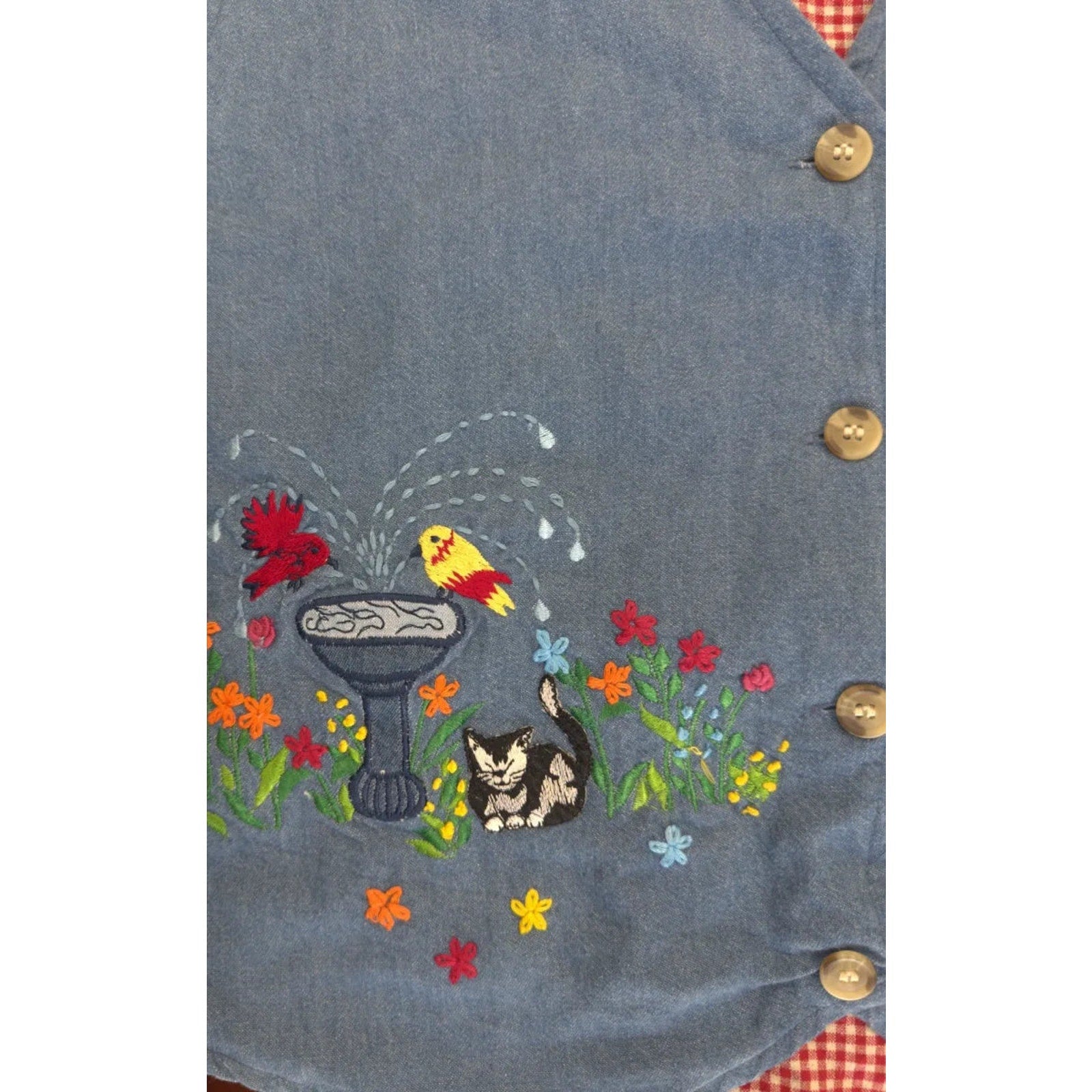 Casual Corner Denim Gingham Embroidered Garden Vest