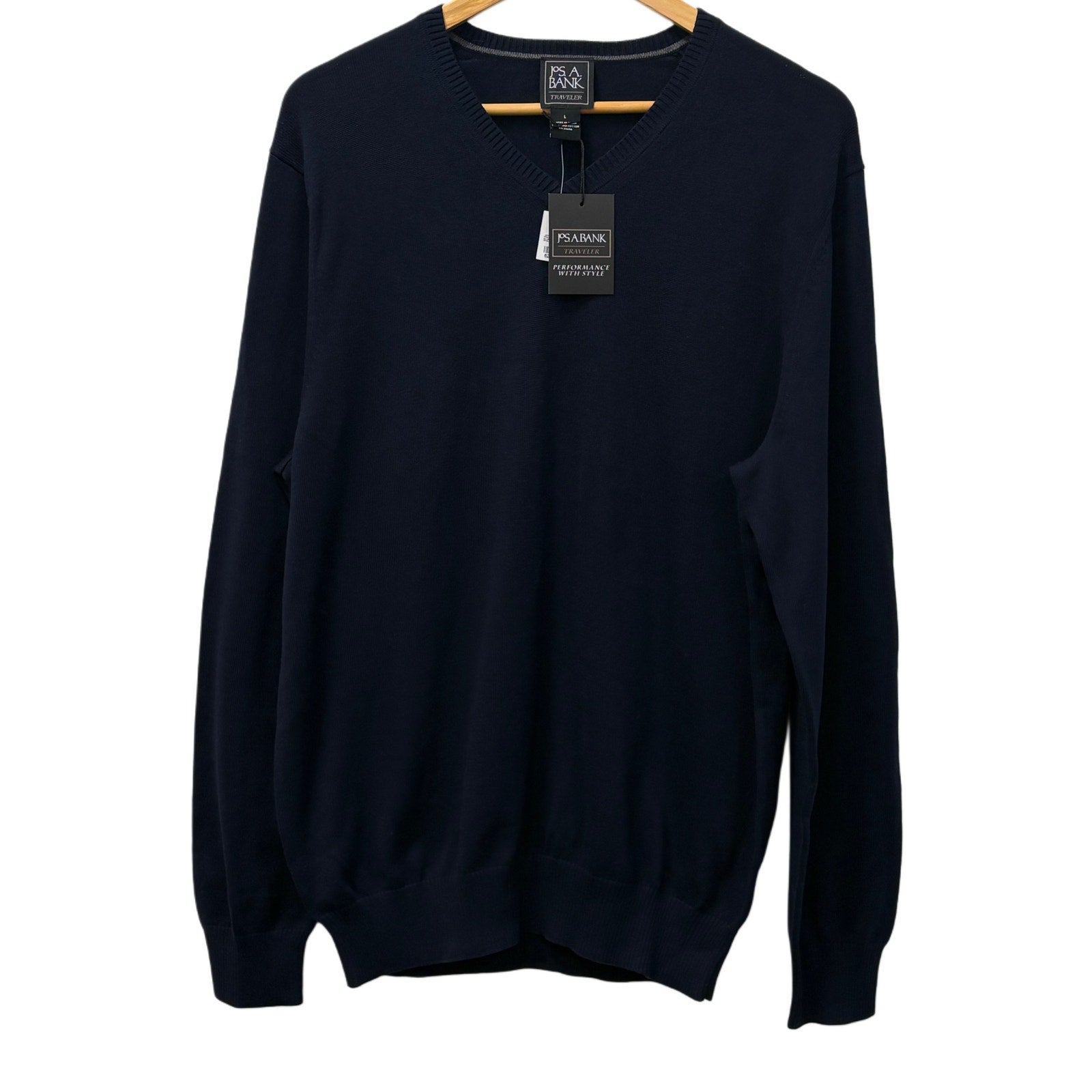 NEW Jos A Bank Traveler Pima Cotton Sweater Men’s Large Navy V-Neck Lightweight
