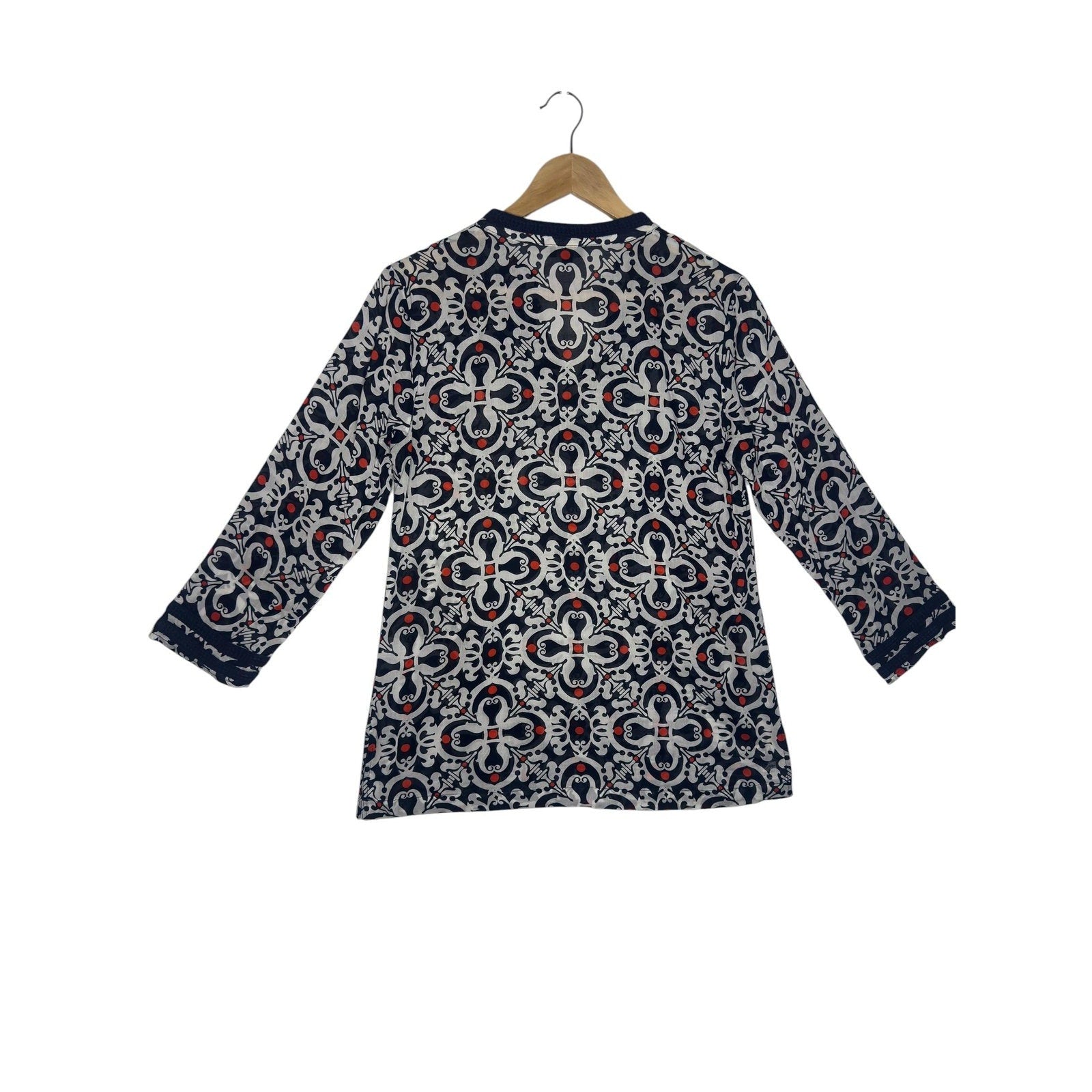 Talbots Medallion Print Long Sleeve Tunic Top Navy