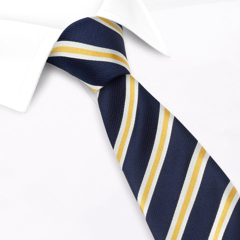 Navy with White and Gold Stripes Silk Tie