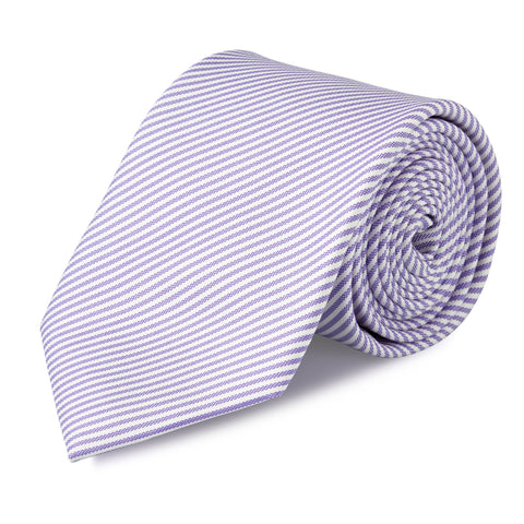 Lilac and white striped tie on a white background