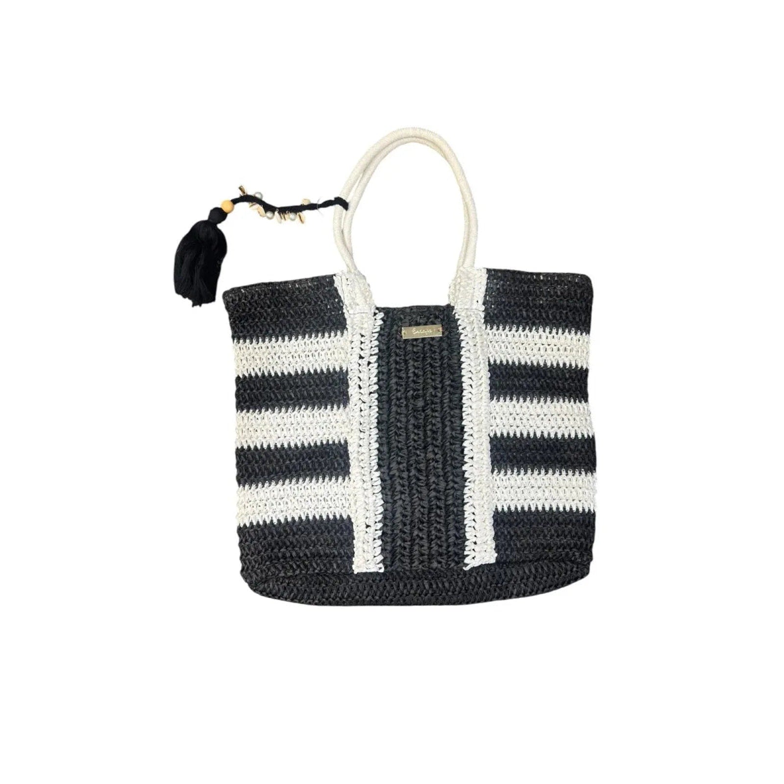 Escape Striped Woven Straw Tote Bag Black White