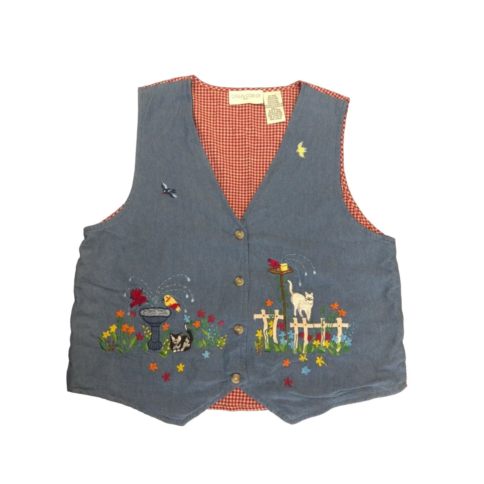 Casual Corner Denim Gingham Embroidered Garden Vest