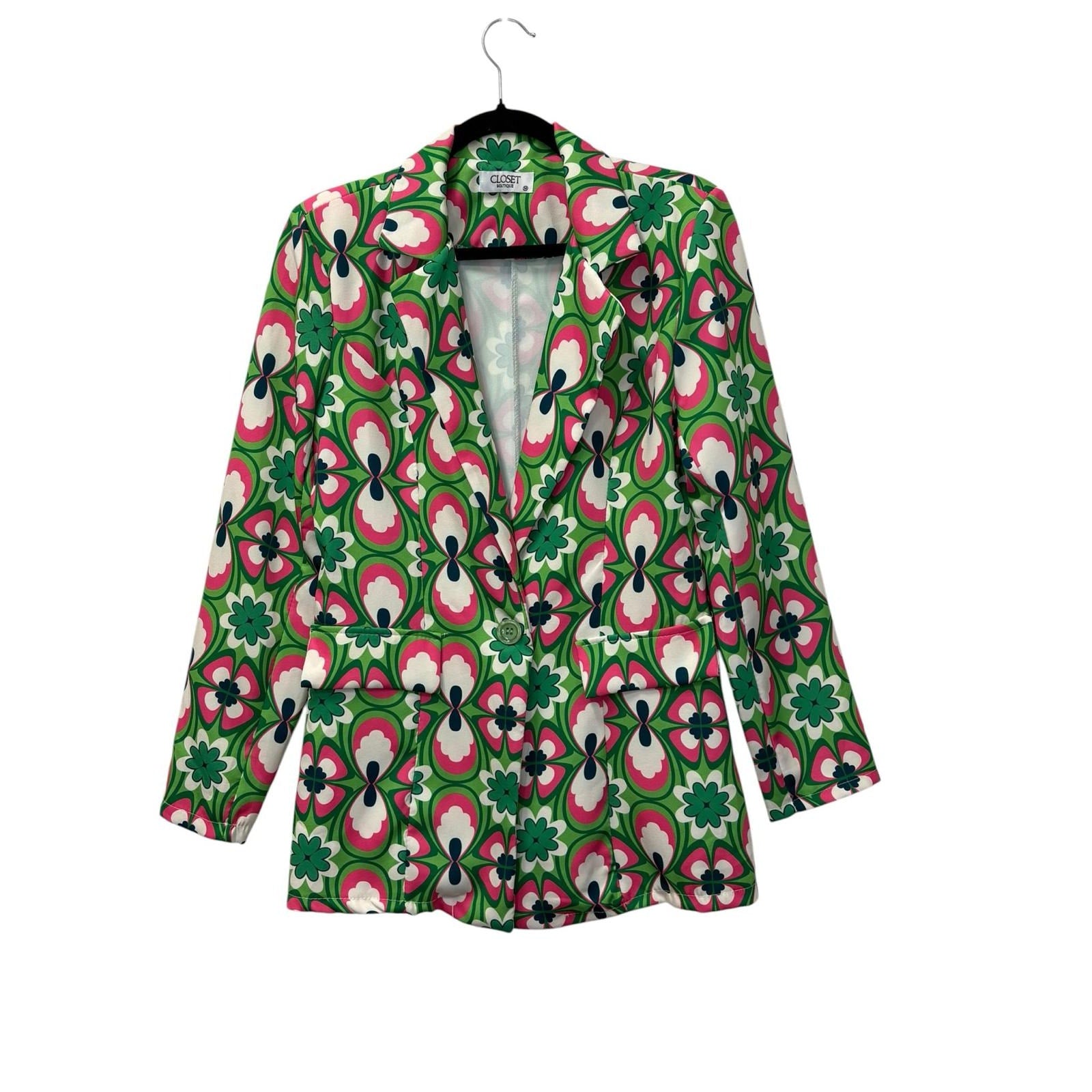 Closet Boutique Retro Floral Print Single-Button Blazer Green