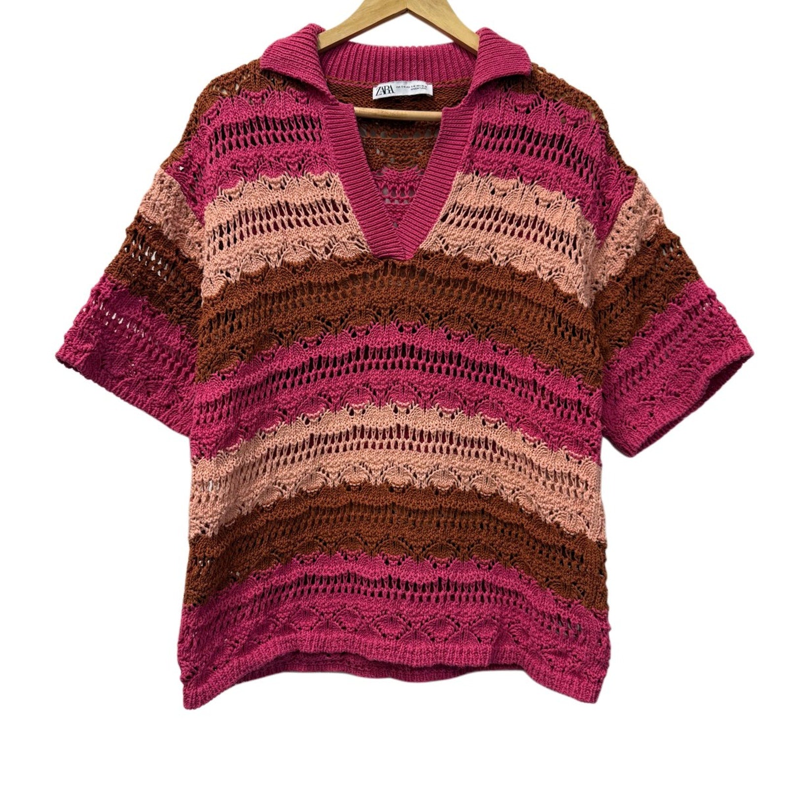 Zara Striped Open-Knit Polo Sweater Pink Brown