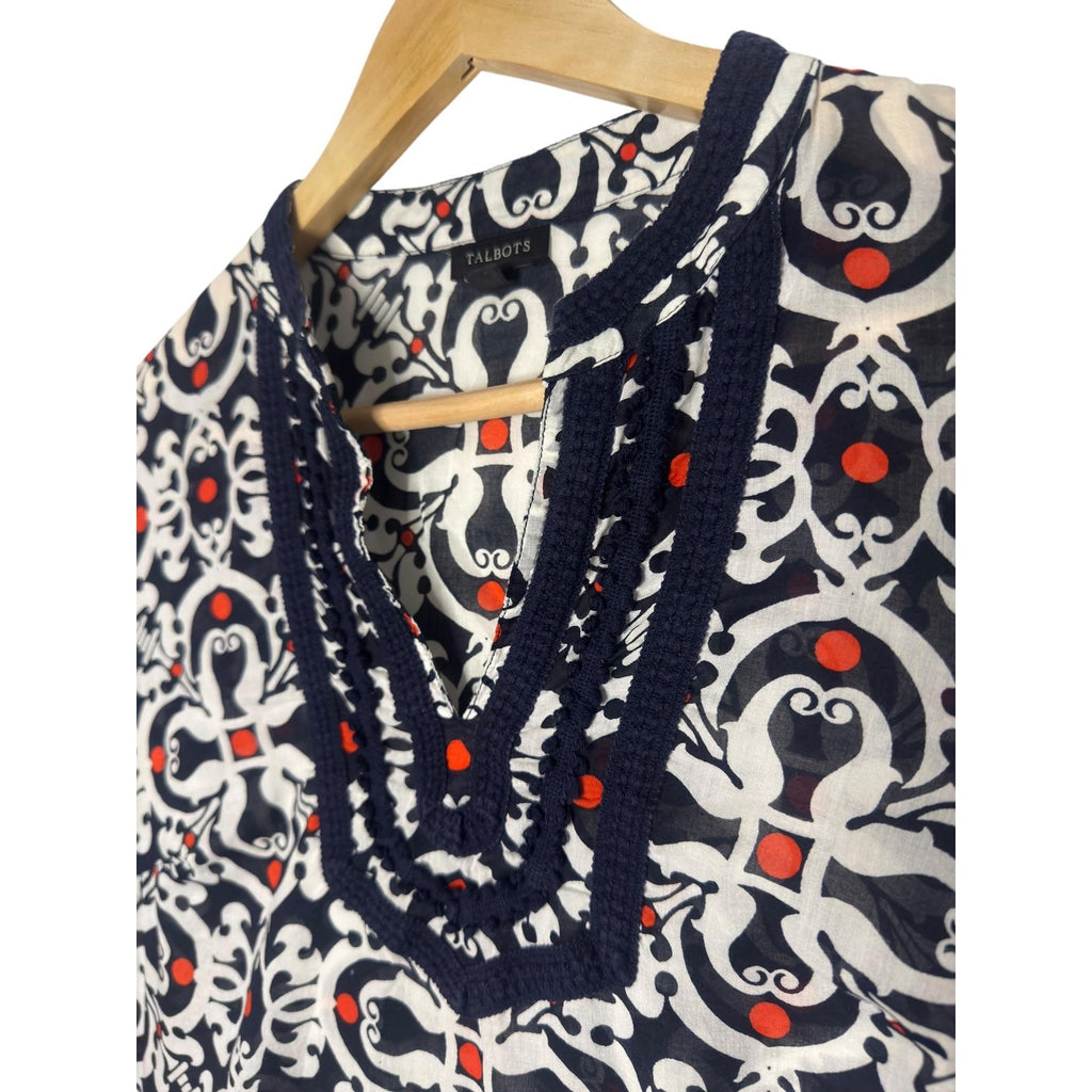 Talbots Medallion Print Long Sleeve Tunic Top Navy