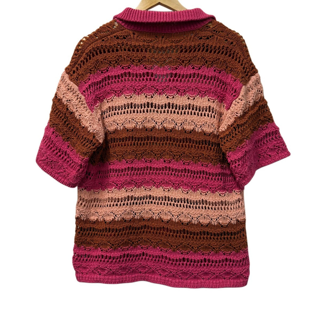 Zara Striped Open-Knit Polo Sweater Pink Brown
