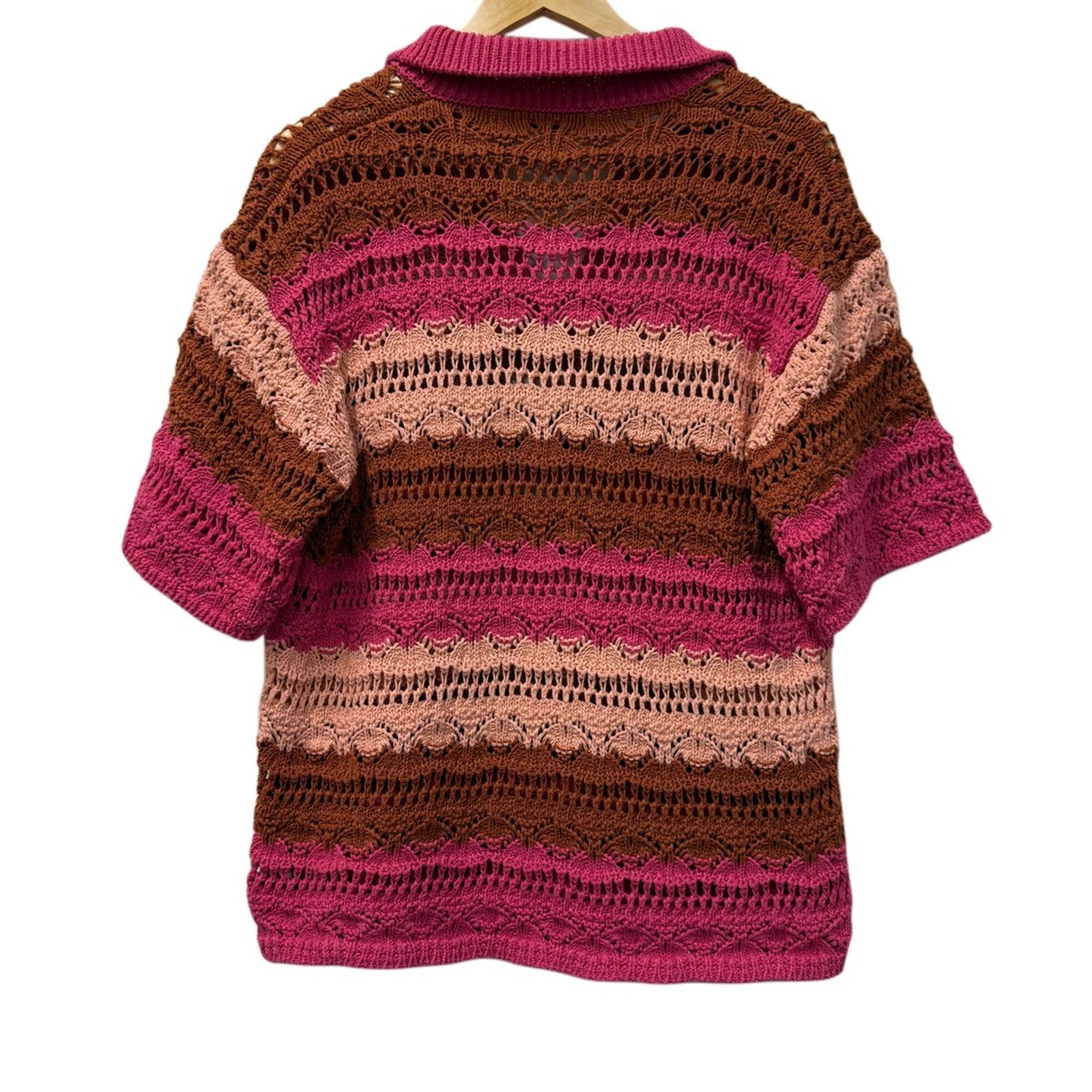 Zara Striped Open-Knit Polo Sweater Pink Brown