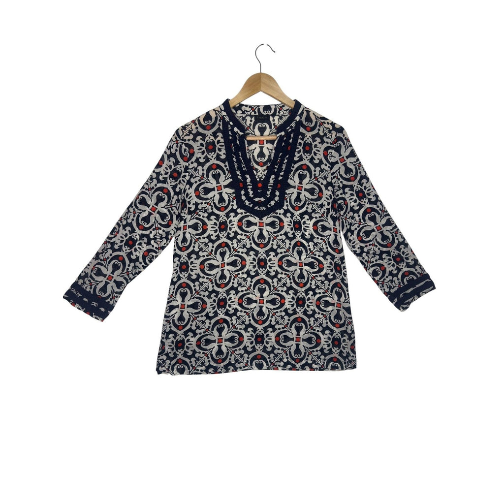 Talbots Medallion Print Long Sleeve Tunic Top Navy