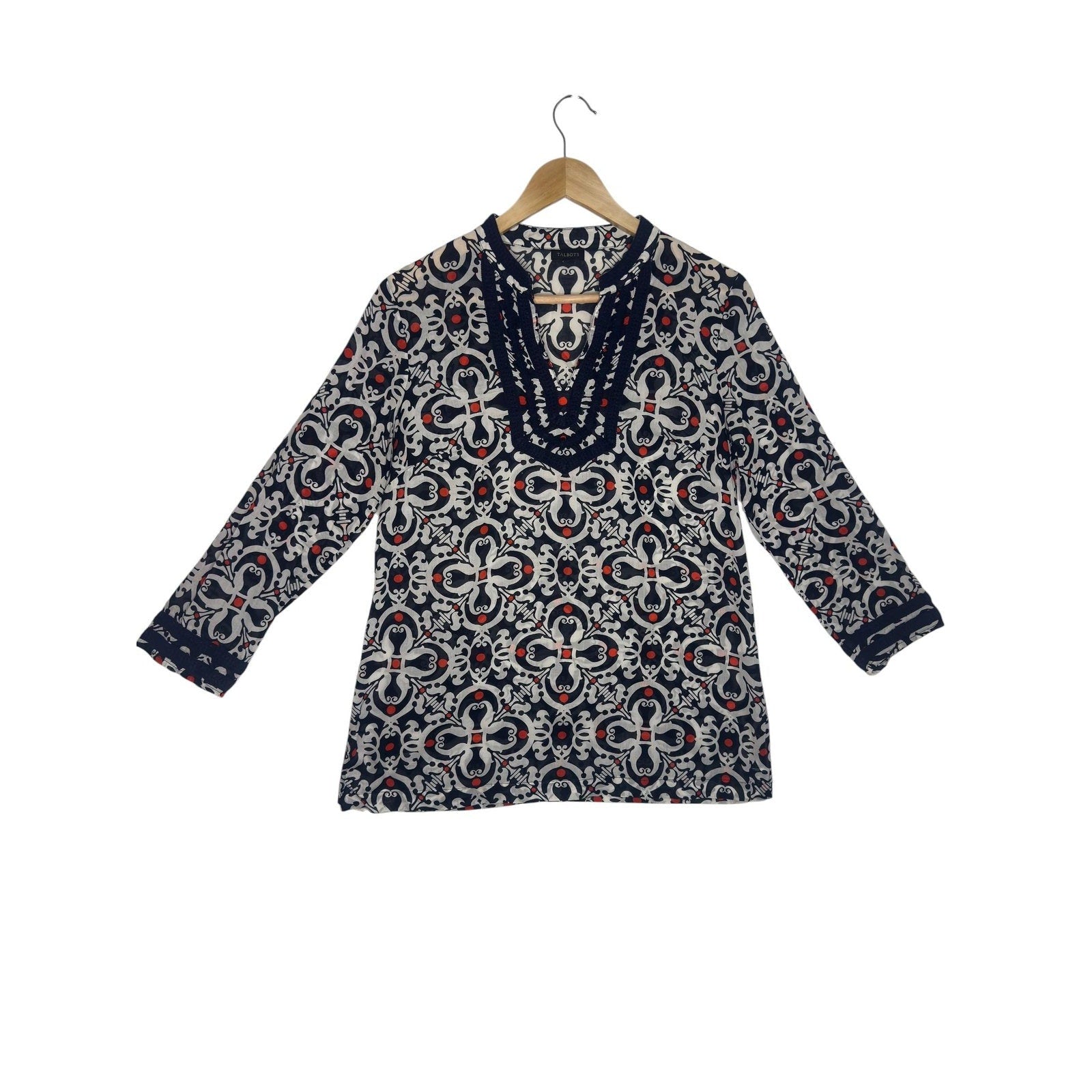 Talbots Medallion Print Long Sleeve Tunic Top Navy