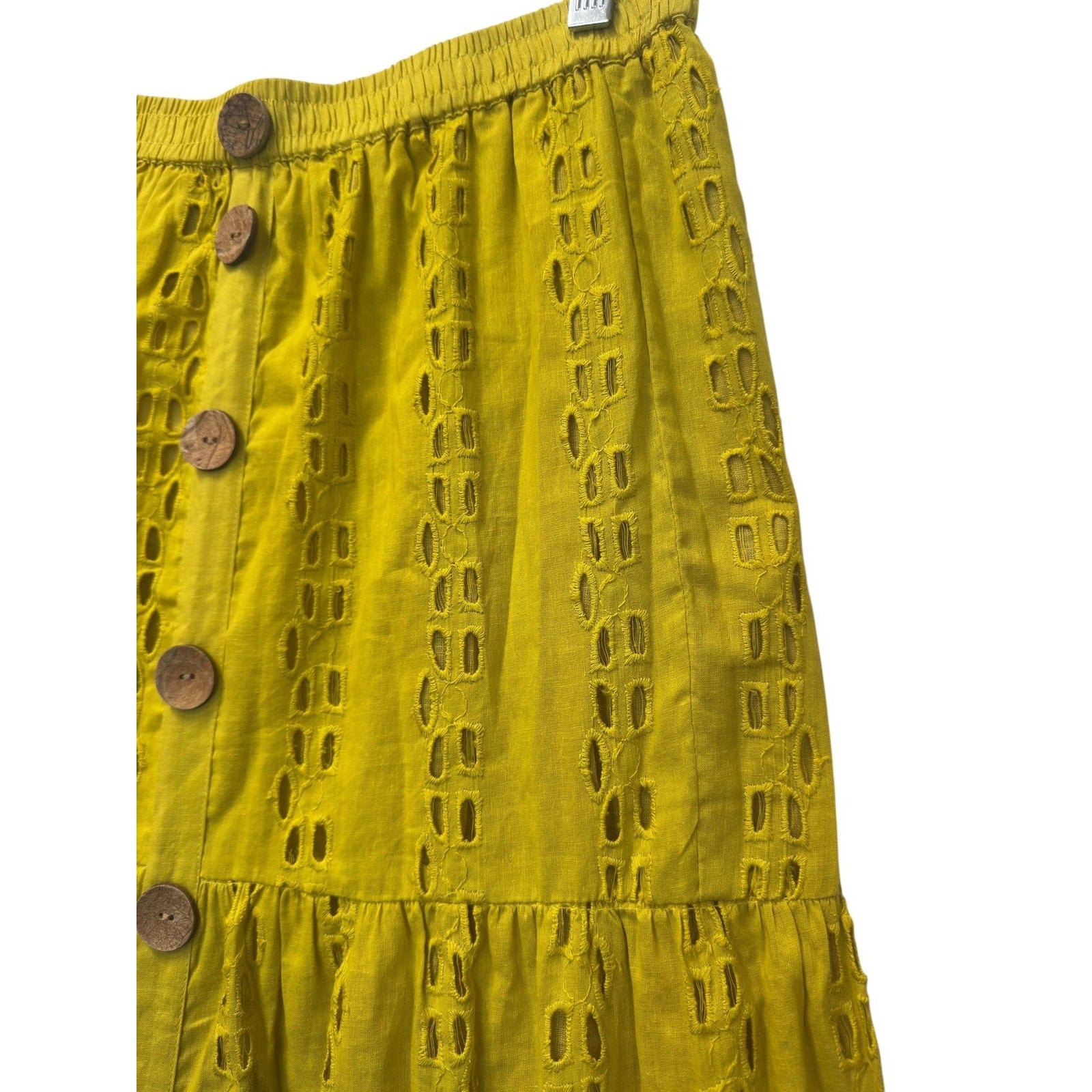 Mustard Yellow Eyelet Tiered Midi Skirt Boho