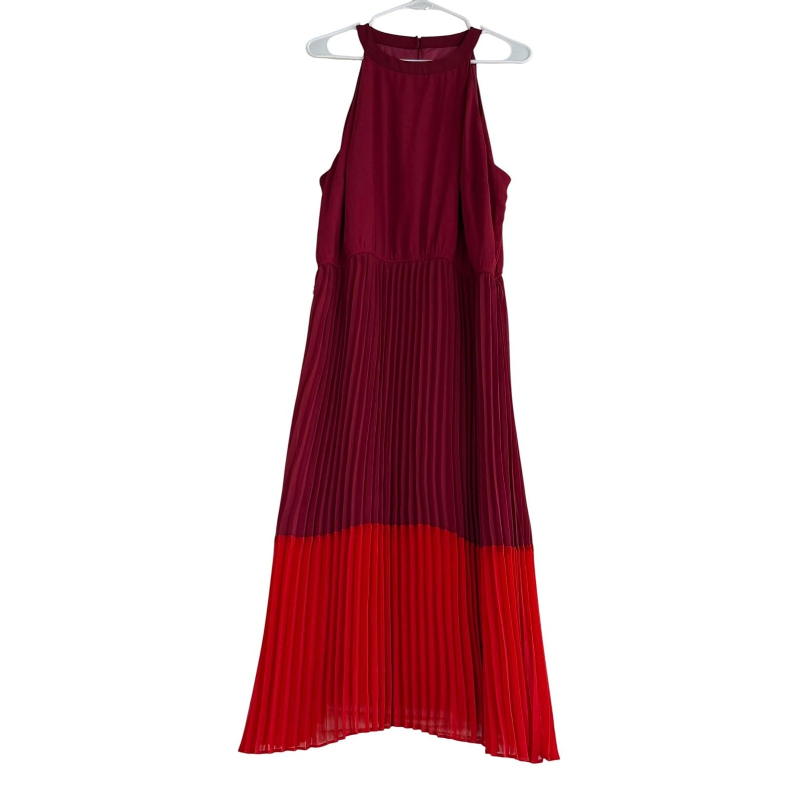 Sandra Darren Burgundy Red Pleated Halter Midi Dress