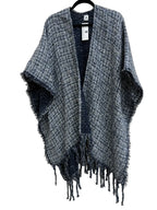 Jessica McClintock Tweed Open-Front Fringe Wrap Ruana Navy - front