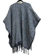 Jessica McClintock Tweed Open-Front Fringe Wrap Ruana Navy - back