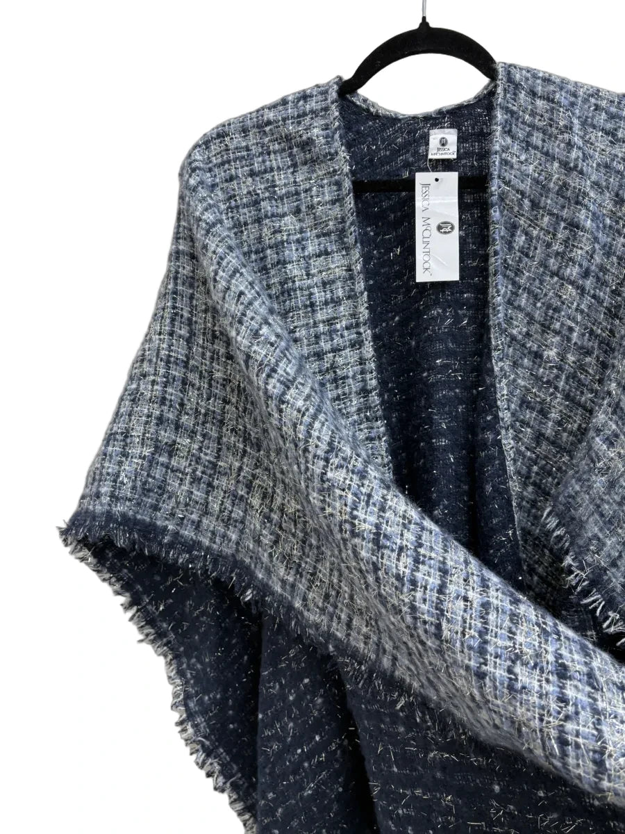 Jessica McClintock Tweed Open-Front Fringe Wrap Ruana Navy - detail