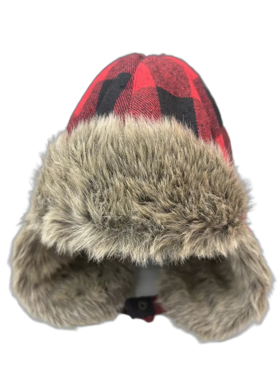 Eddie Bauer Buffalo Plaid Faux Fur Trapper Hat - front