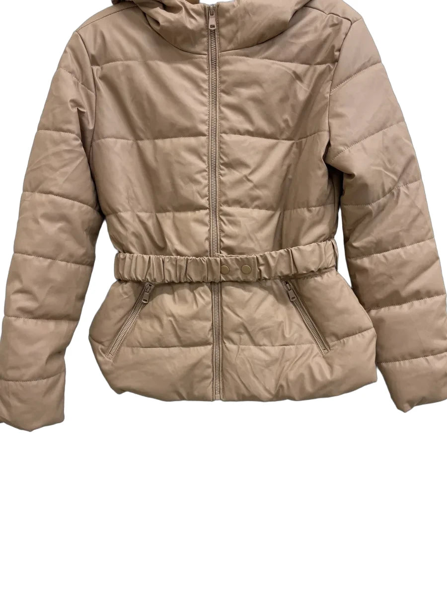 Haute Monde Faux Leather Belted Puffer Jacket Tan - front