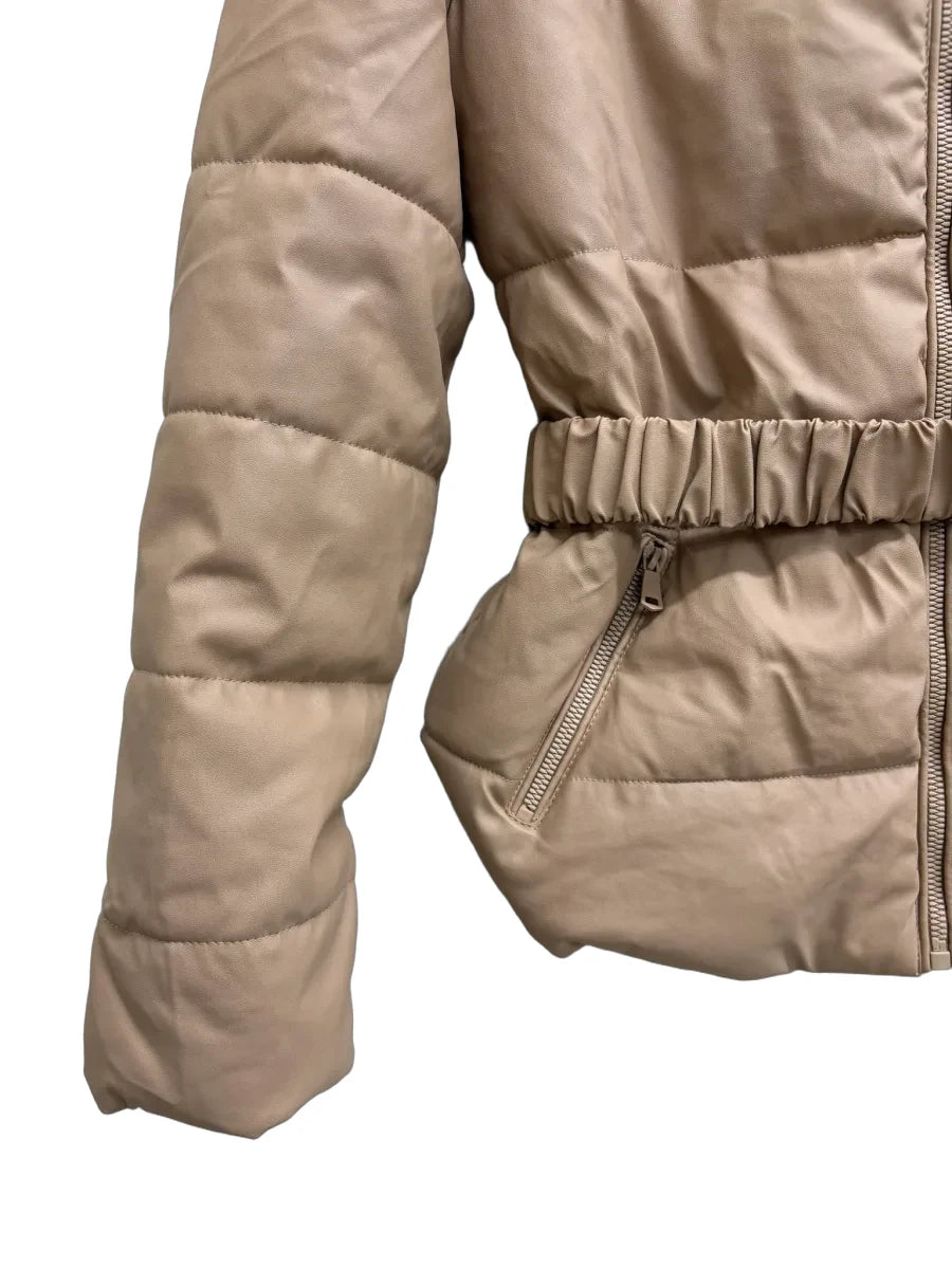 Haute Monde Faux Leather Belted Puffer Jacket Tan - detail